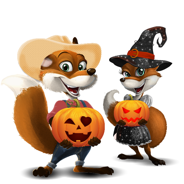 Die Maskottchen Funny & Frida als Illustrationen in Halloween-Verkleidungen.